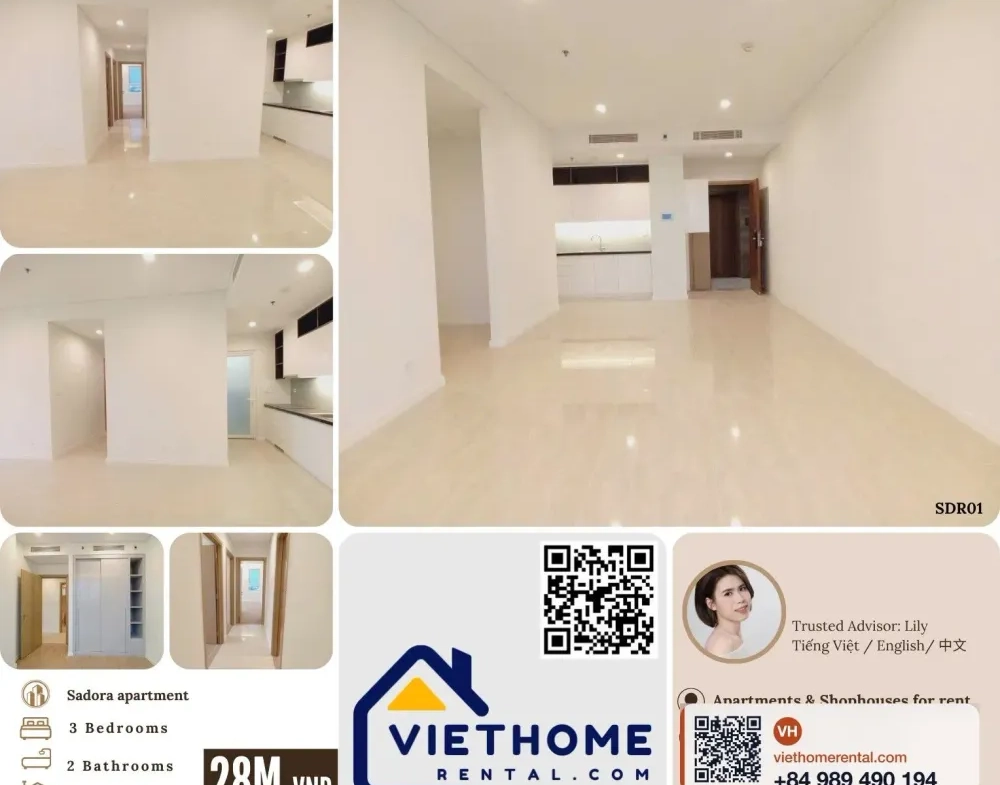 Rent 3-Bedroom Apartment Sadora Thu Thiem Block C, Premium Furnished – 29M VND/Month